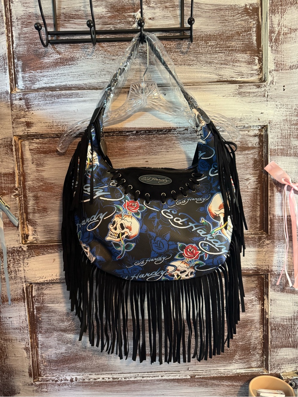 Ed Hardy Black and Blue Skull & Rose Fringe Shoulder Bag